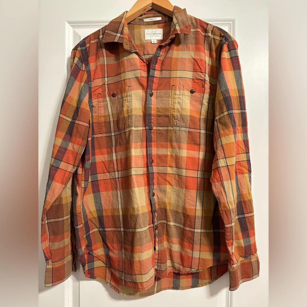 Lucky Brand Classic‎ Fit Orange Beige Plaid Button Up Long Sleeve Large